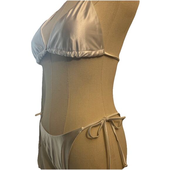 MakeMeChic Women's White Satin Bikini Swimsuit Triangle Halter Tie Back Thong M - Picture 4 of 8